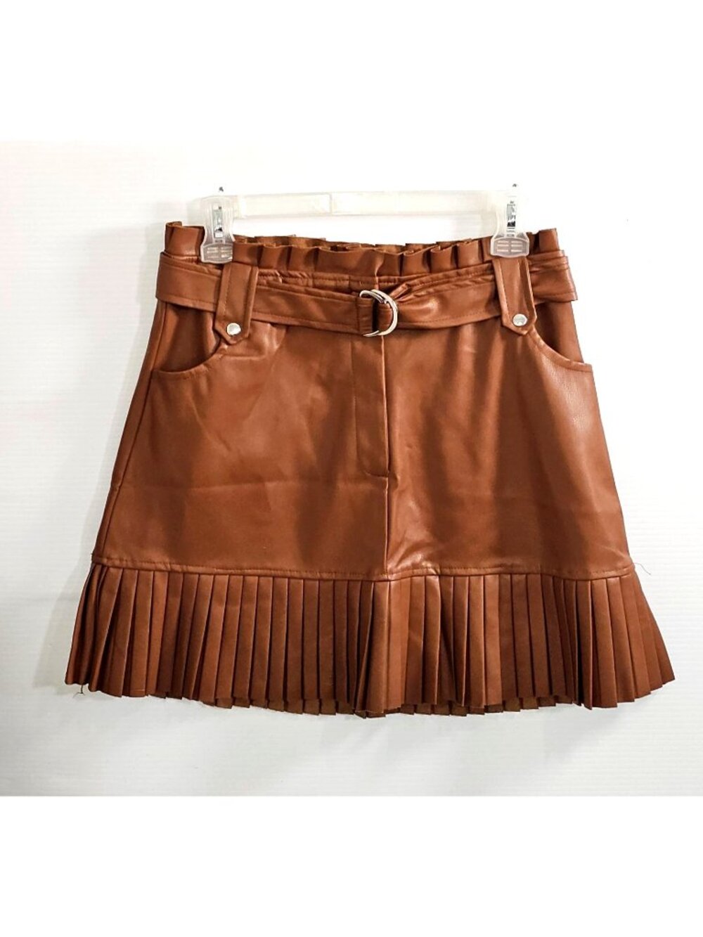NWT Fame/Ekim 31 Women's Brown Faux Leather Ruffle Skirt with Belt Size M 1837 - Picture 10 of 11